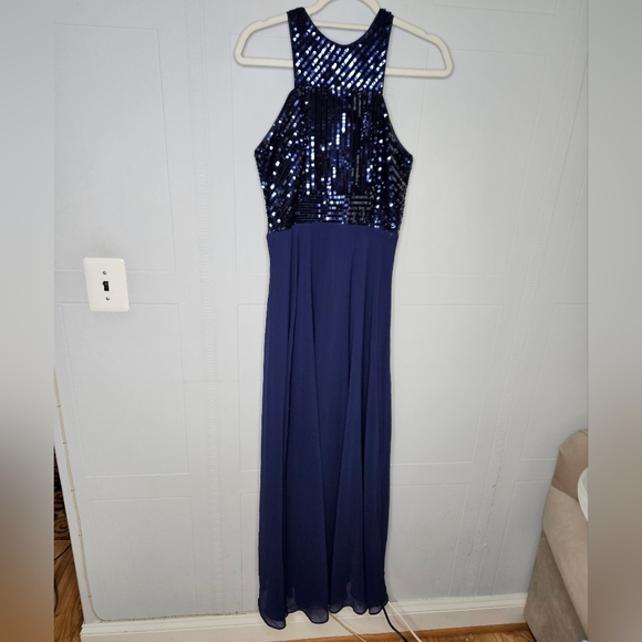 Beauty Kai Navy Sequin Halter Chiffon Empire Waist Maxi Dress S Glam Prom Formal - Picture 2 of 16